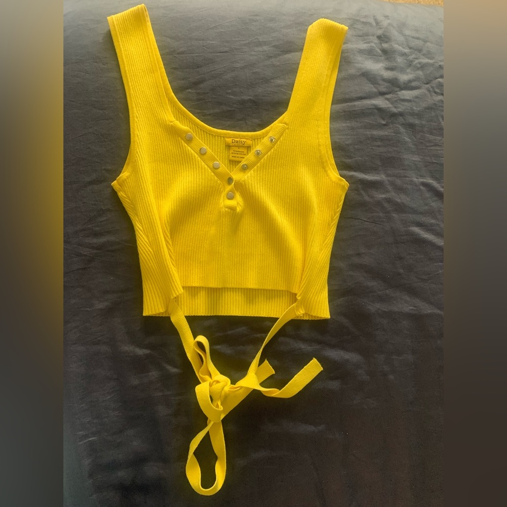 yellow knit crop top with fun belly tie in the front